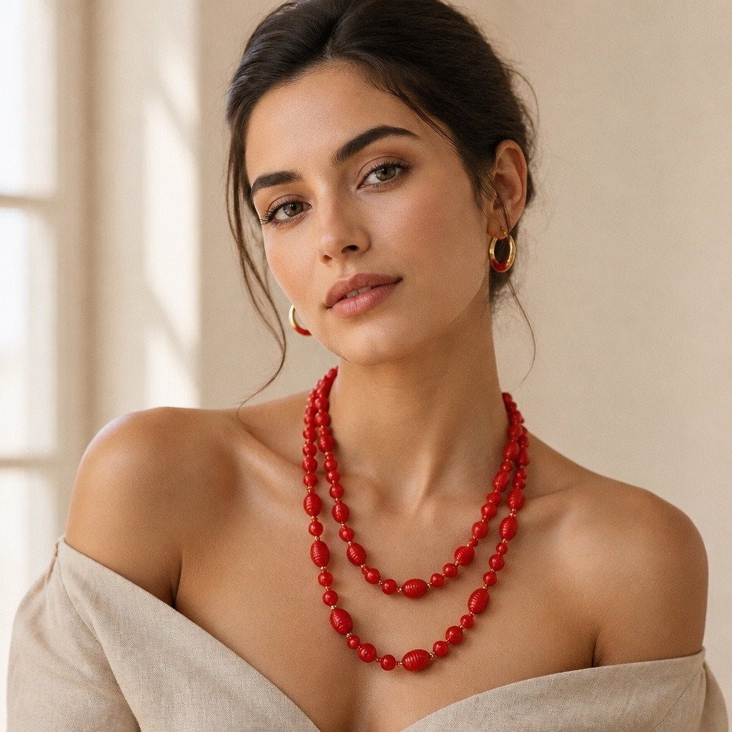 "Crimson & Clover" Trio: 18k Italian Gold Filled Hoops,  Vintage Necklace & Studs Lot