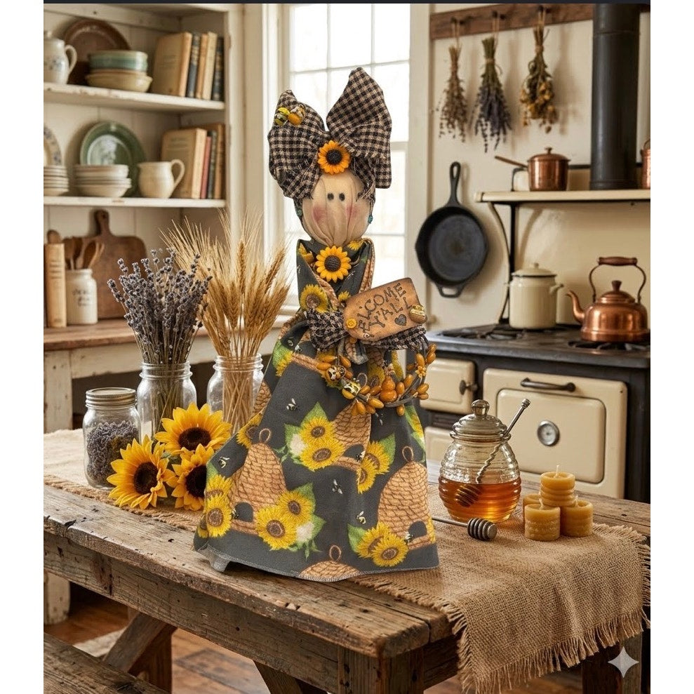 Handcrafted Primitive Sunflower Bee Welcome Y'all Doll