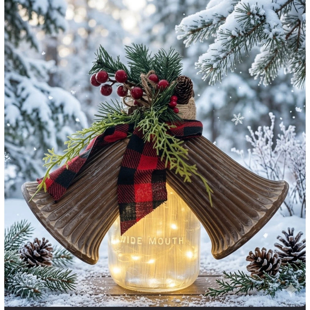 Led Lighted Wide Mouth Mason Jar Display with Rustic Bells