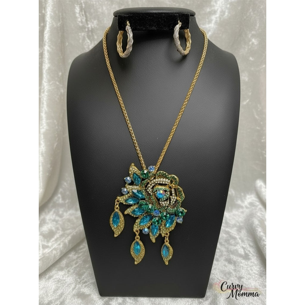Vintage Rhinestone Rose Statement Pendant Necklace
