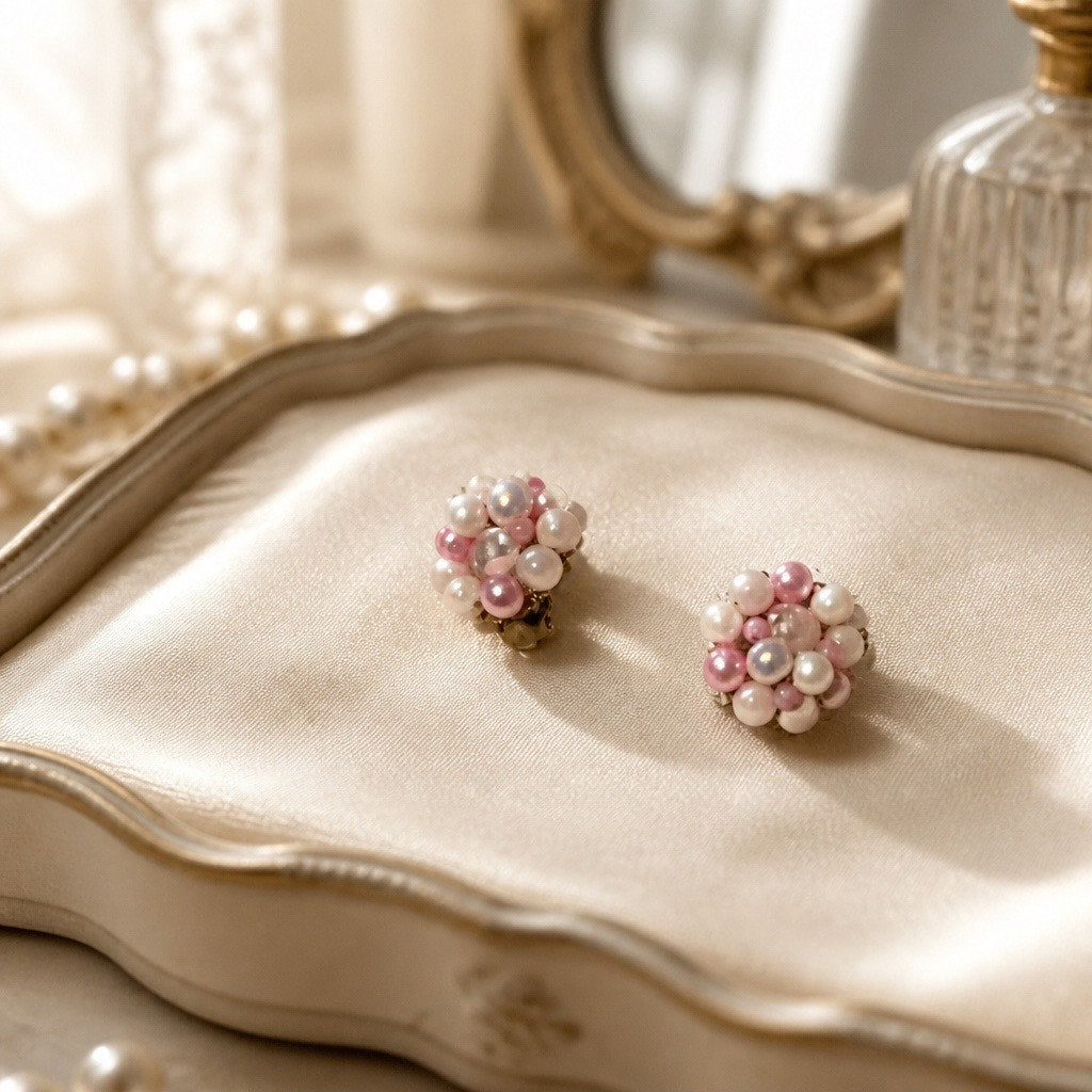Vintage 1950s Mid-Century Japan Pink  Pearl & Bead Cluster Clip-on Earrings
