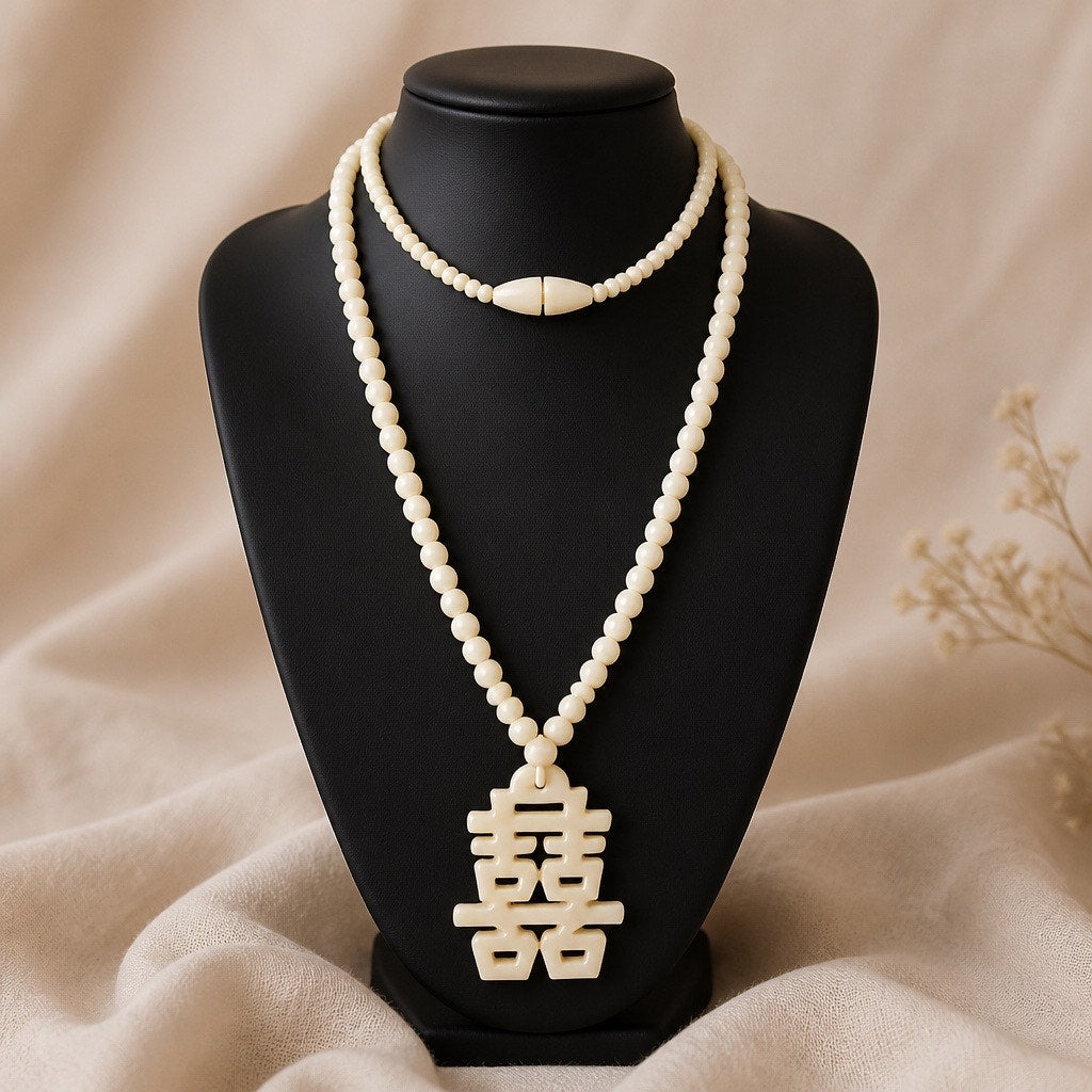 1970 s Vintage Hand-Carved Bovine Bone "Double Happiness" (囍) Beaded Pendant Necklace