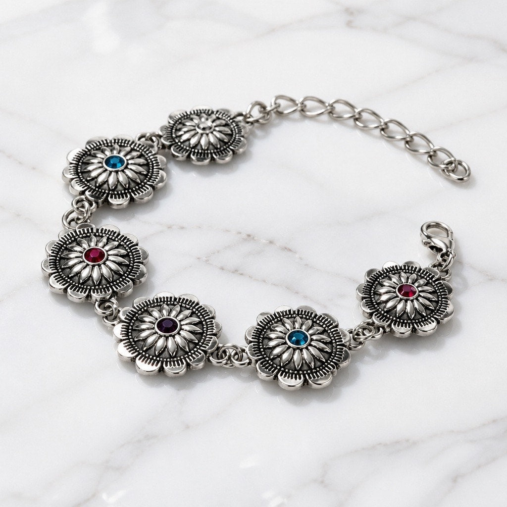 Vintage Southwestern Silver Medallion Concho Panel Link Bracelet