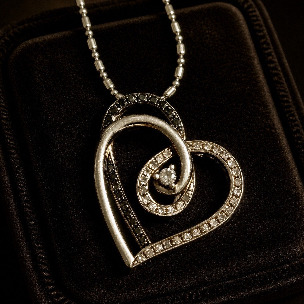 Vintage 18K Rolled Gold  .25k Black & White Diamonds Heart Necklace