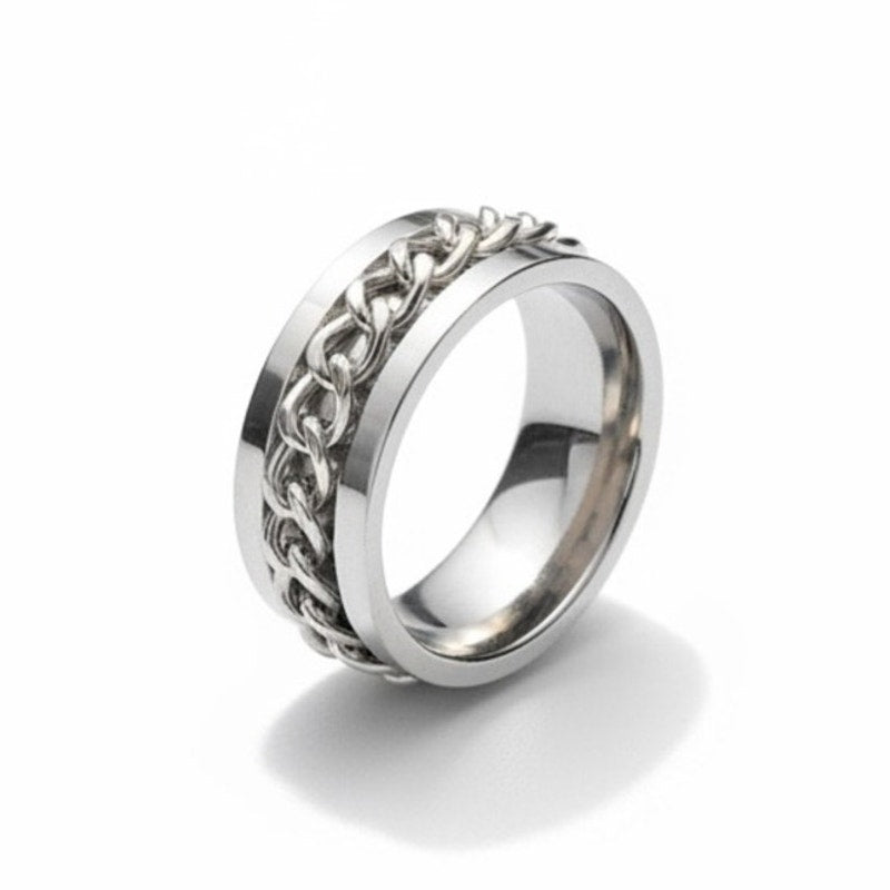 Stainless Steel Spinner Ring Men Women Curb Chain Inlay Fidget Band