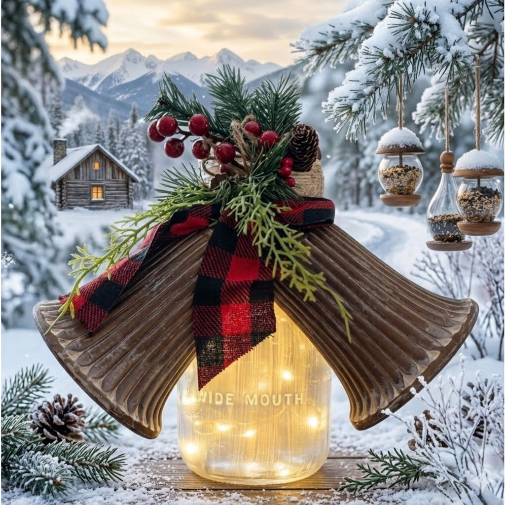 Led Lighted Wide Mouth Mason Jar Display with Rustic Bells