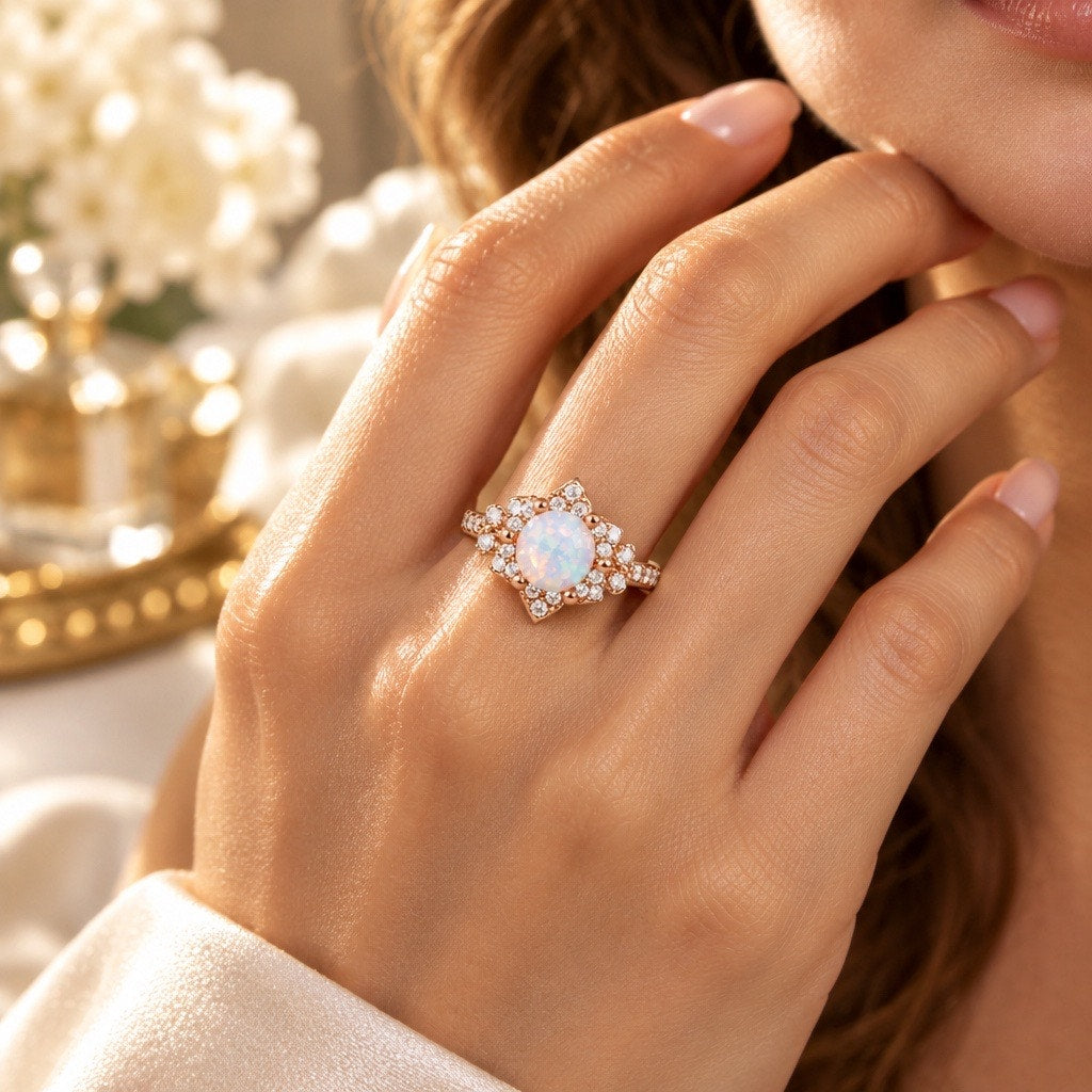 Rose Gold White Fire Opal Flower Halo Ring size 5