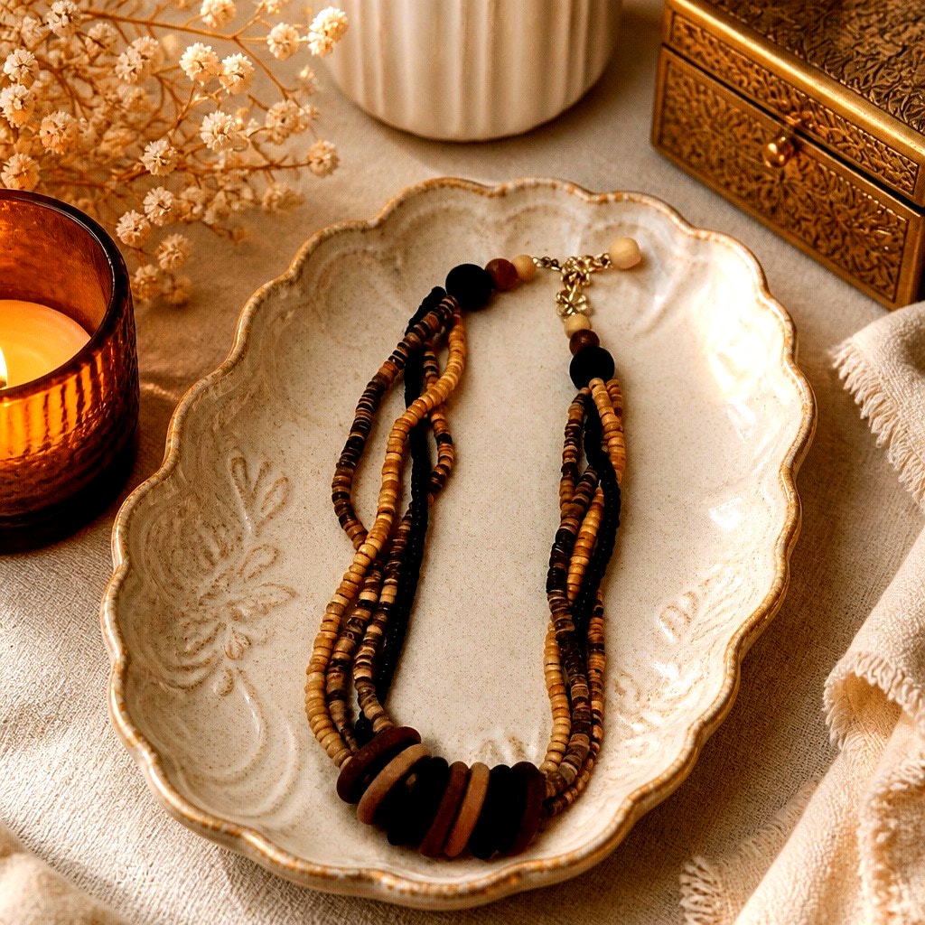 Sahara Sands Multi-Strand Heishi Wood Ring Statement Necklace