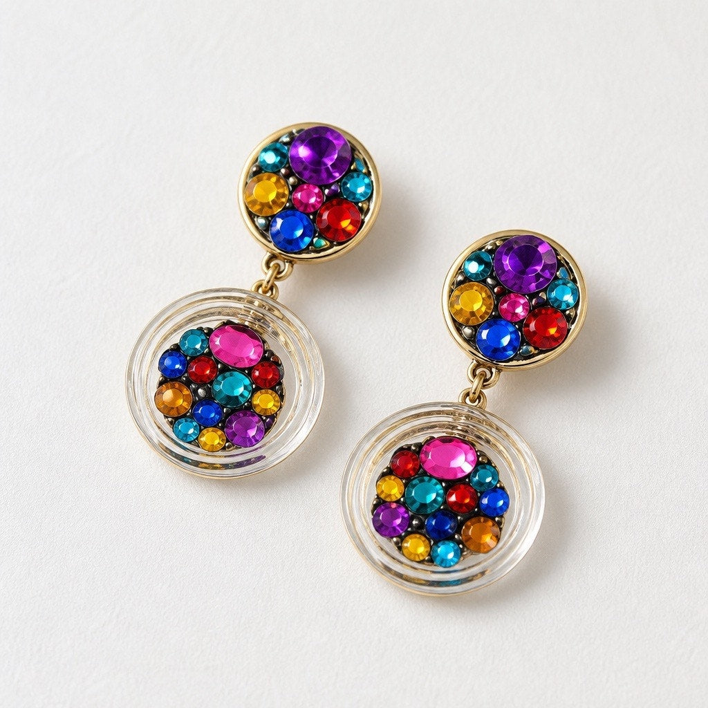 Rainbow Pave Mosaic Round Drop Earrings | Gold Plated Party Statement Studs