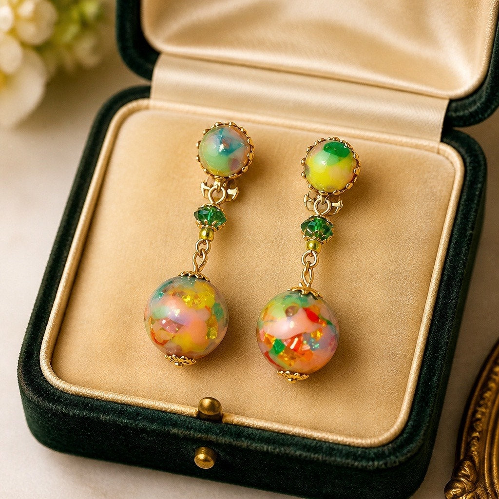 ✨ VINTAGE 1950s SIGNED JAPAN CONFETTI LUCITE DROP EARRINGS ✨