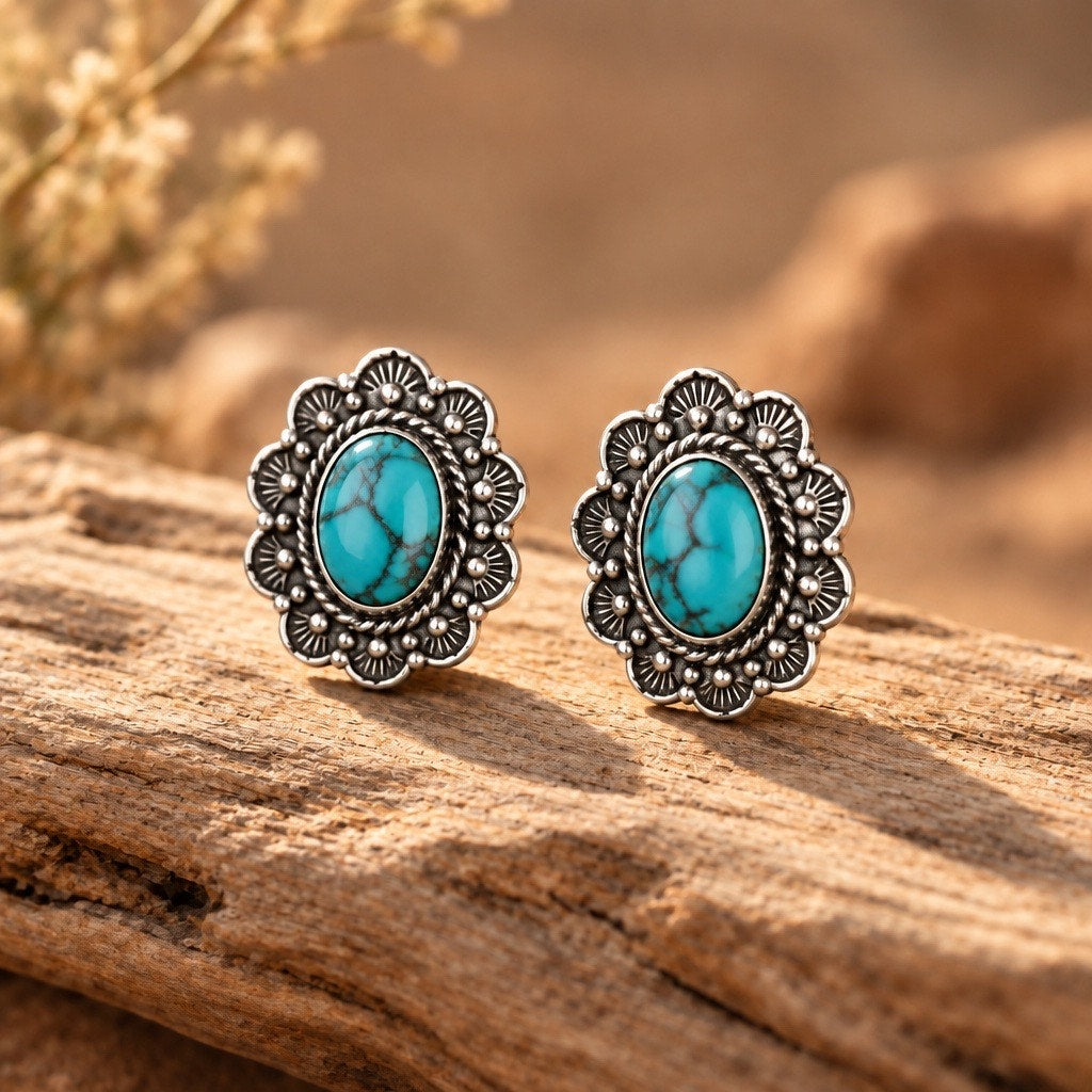 Turquoise Hue Scalloped Stud Earrings, Antiqued Silver Southwest Shields