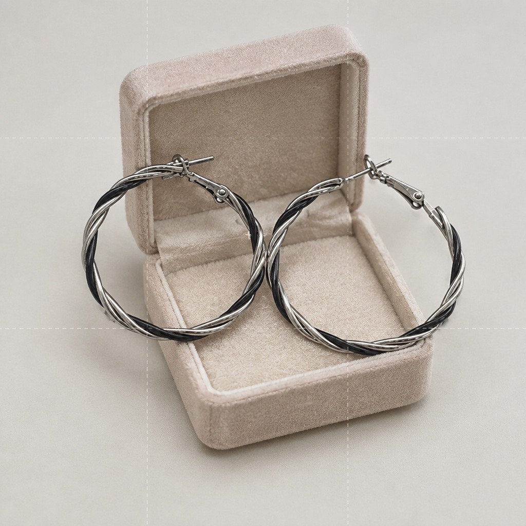 Vintage-Style Metallic Silver and Black Intertwined Wire Large Hoops with Saddle Backs