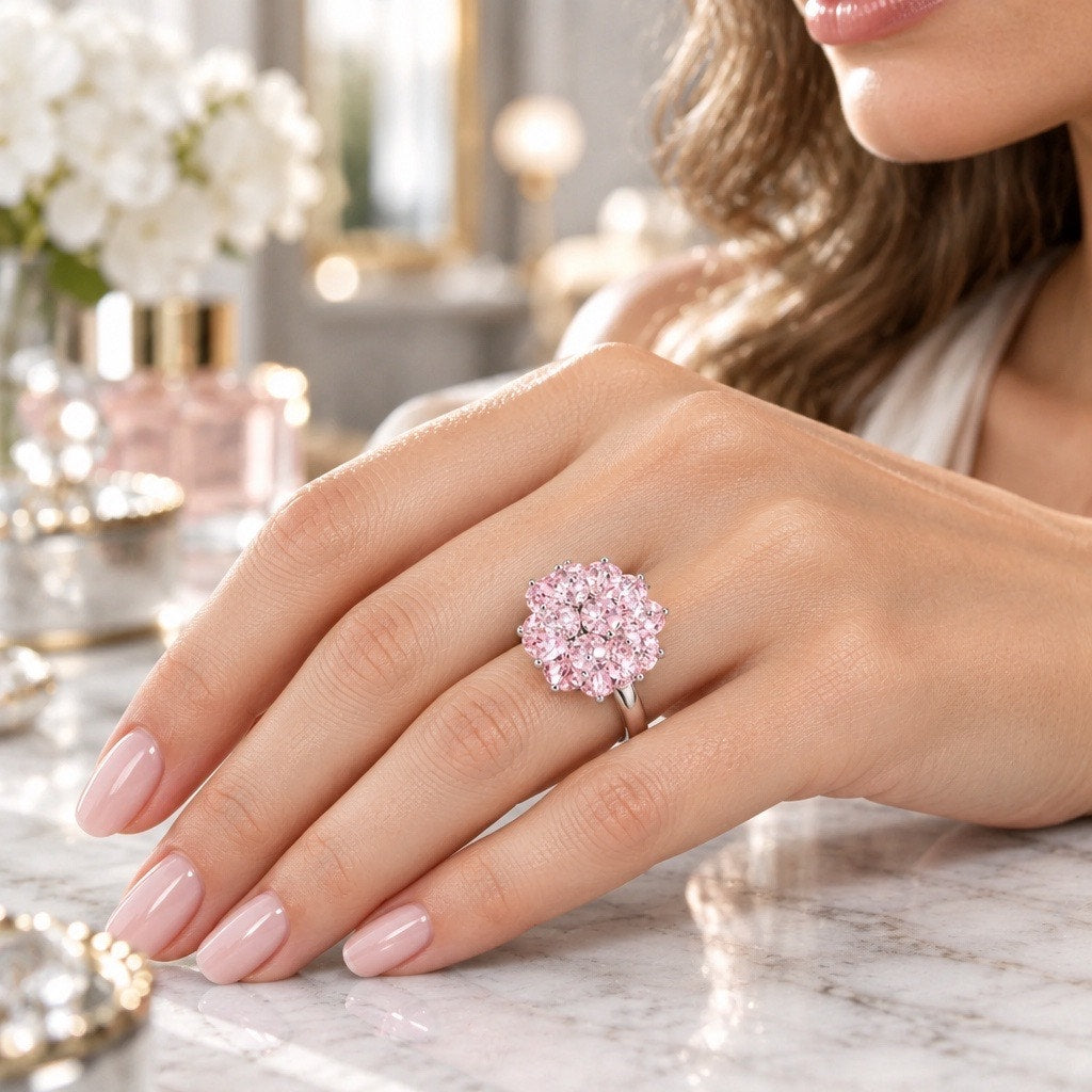 Vintage 1950s RARE The Blush Blossom Crystal Cocktail Ring