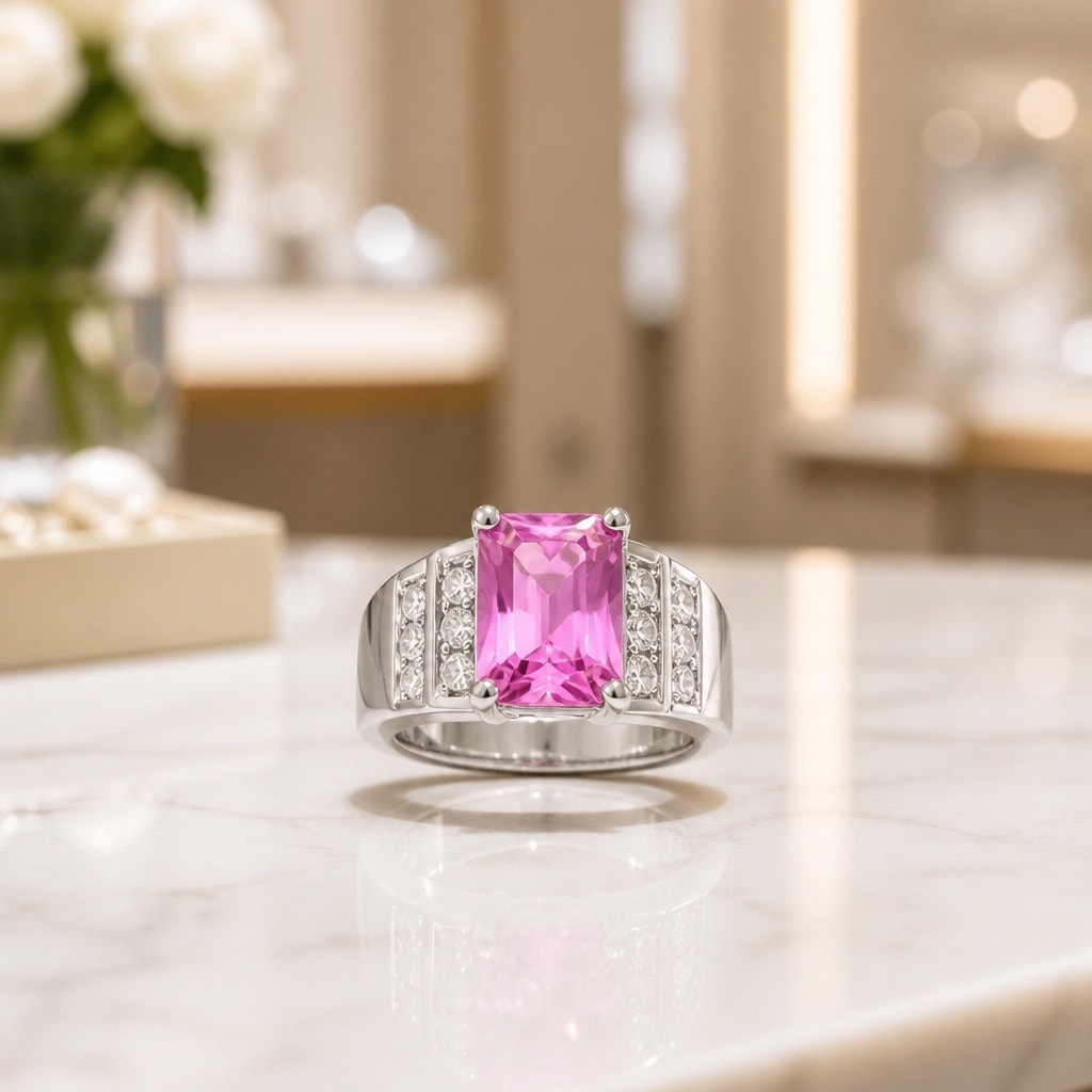Statement Emerald-Cut Pink Sapphire Ring-925 Silver