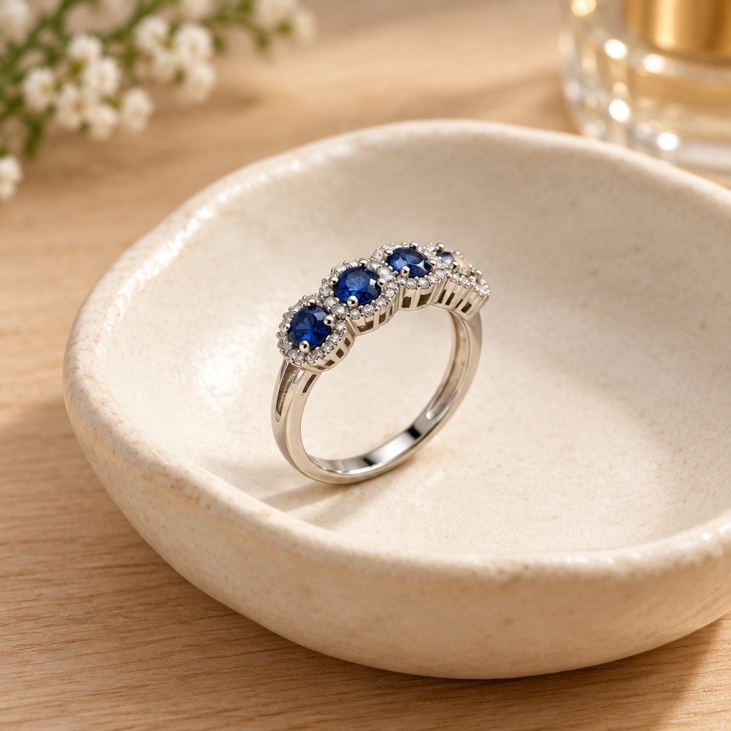 Solid 10K White Gold Five-Stone Blue Sapphire Halo Ring, Classic Anniversary Band