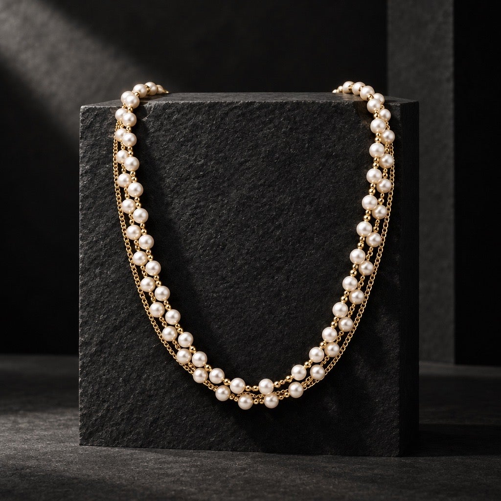 c. 1950s Vintage Style Multi Strand Layered Pearl and Golden Chain Draped Statement Necklace