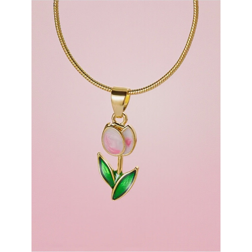Dainty Pink & Green Enamel Rose Bud Flower Pendant Necklace Rose Gold