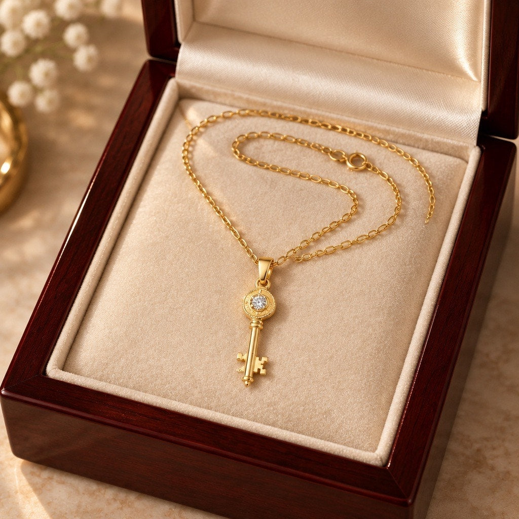 Vintage Signed Gold Key Pendant Necklace with Heart Accent