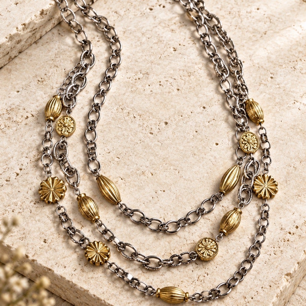 Y2K Retired Premier Designs Byzantine-Style Three Strand Layering Necklace,