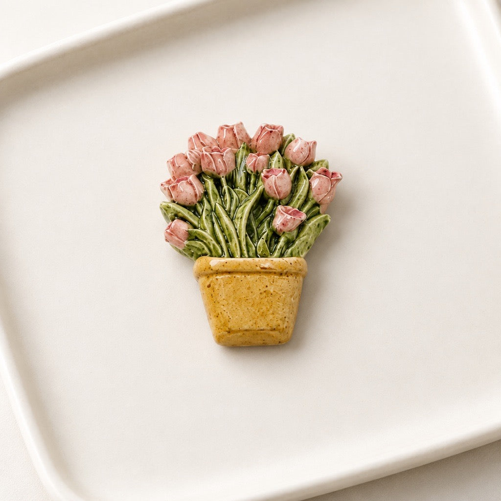 Vintage  Handcrafted  Pink Tulip Bouquet Ceramic Brooch