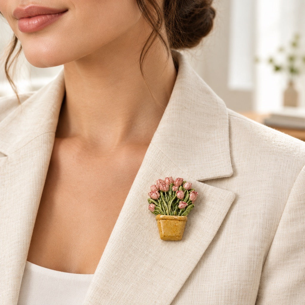 Vintage  Handcrafted  Pink Tulip Bouquet Ceramic Brooch
