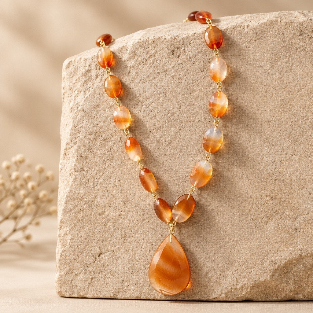Luxury Banded Carnelian Agate Teardrop Necklace, Heavy Natural Gemstone Strand