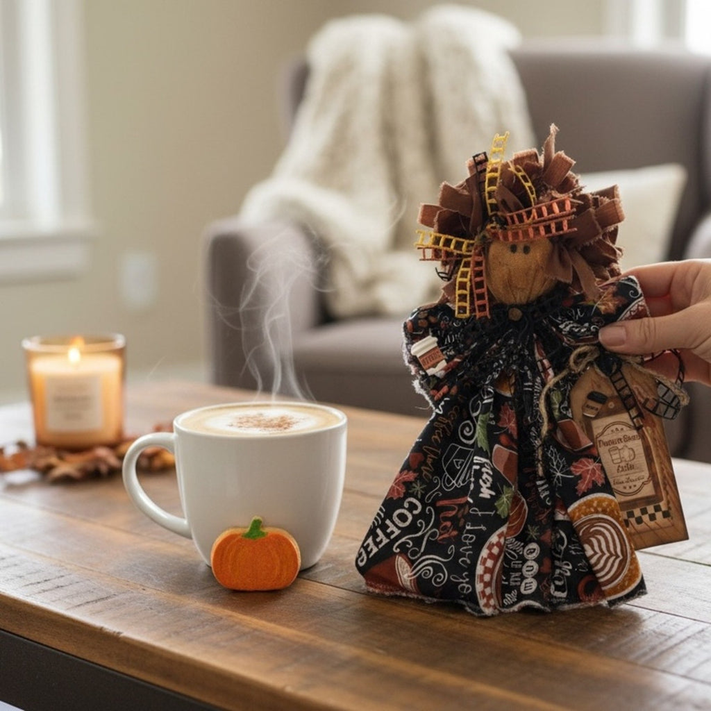Handcrafted Primitive Fall Scarecrow Doll Coffee Shop Decor Autumn Tiered Tray Accent