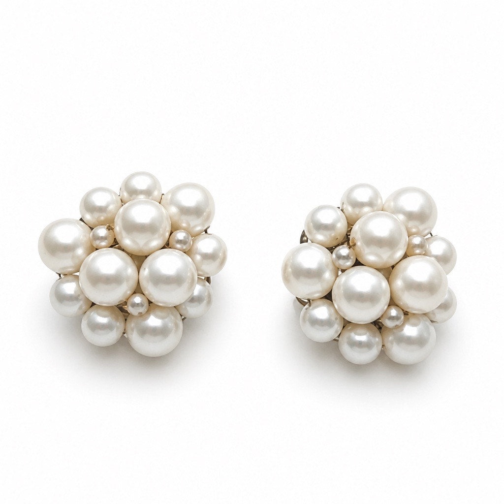 "The Pearl Cascade" Mid Century Dimensional Round Pearl Bouquet Clip Ons