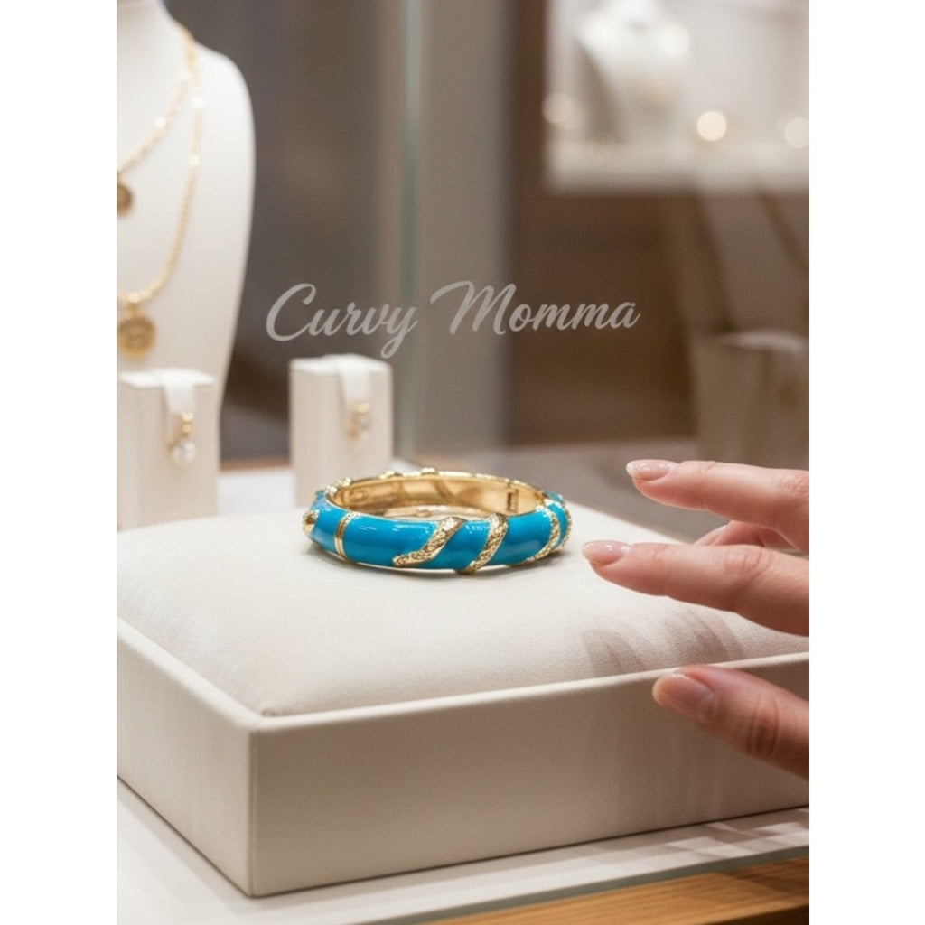 Premier Designs Vintage Turquoise Enamel Gold Hinged Bangle Bracelet