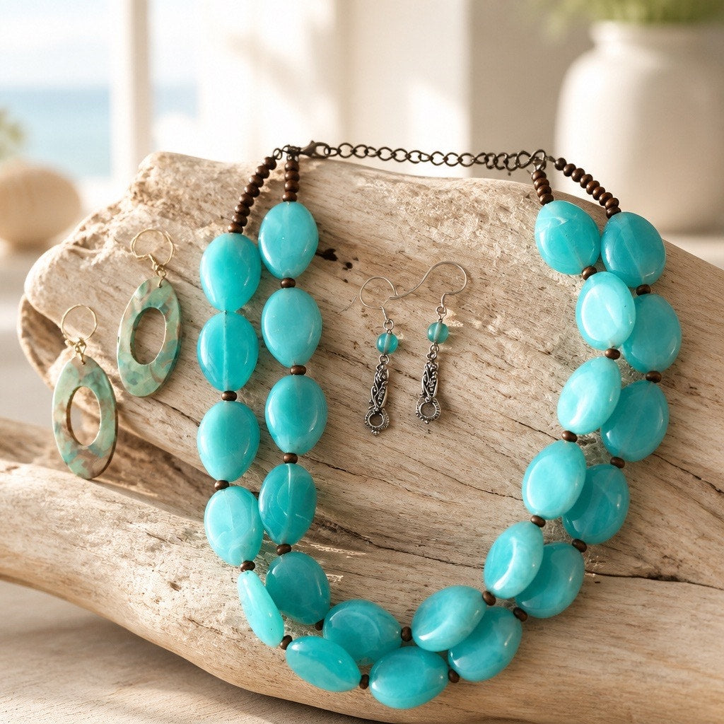 Chunky Aqua Howlite Turquoise Double Strand Bead Necklace & Mix & Match Curated  Se