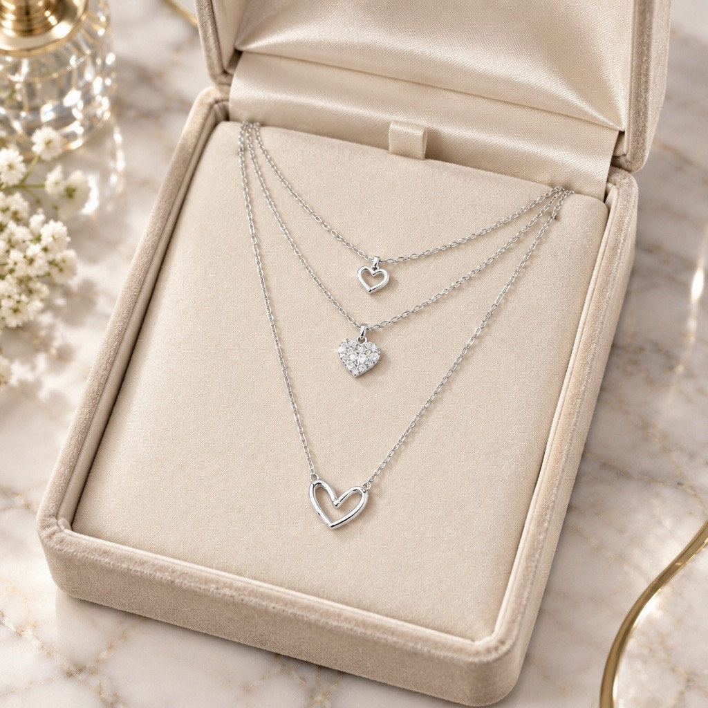 Dainty Silver Triple Tier Clear Crystal Heart Layering Statement Necklace