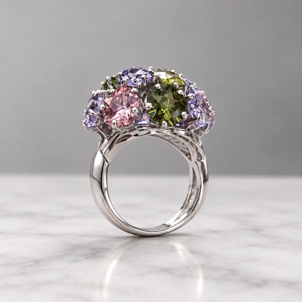 Pastel Cluster Heavy Rhodium Plated Ring, Premium Multi Stone, High Refraction
