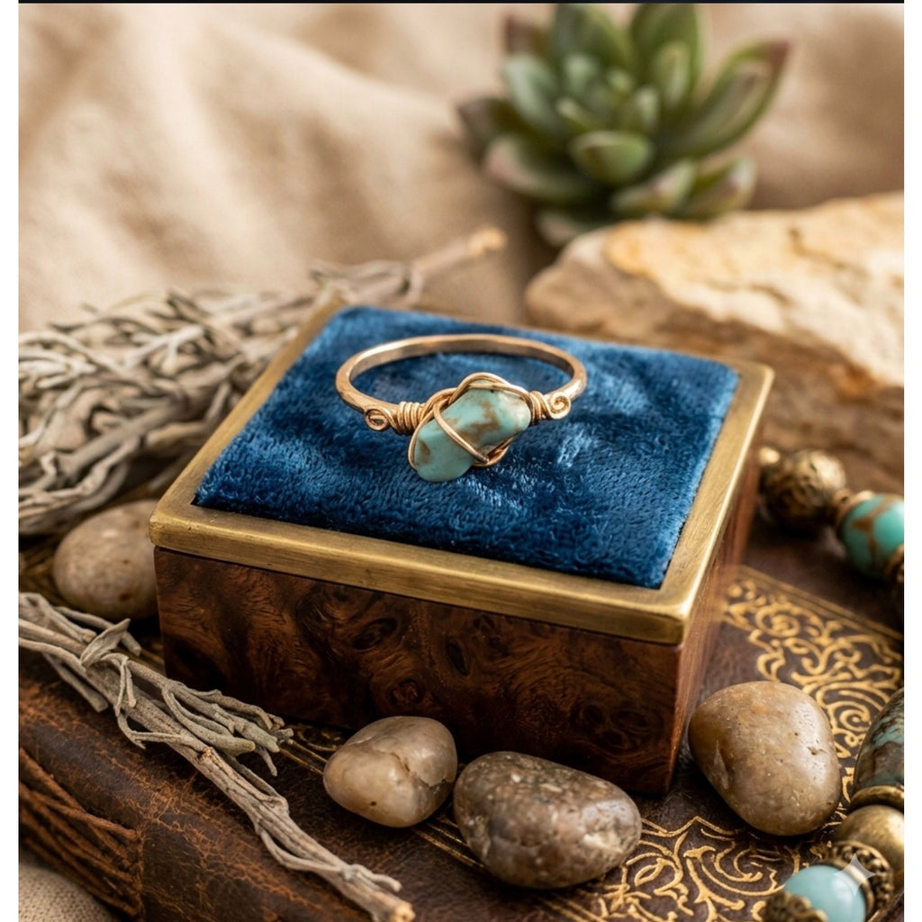 Raw Crystal Turquoise Ring for Women - Dainty Gold Wrapped