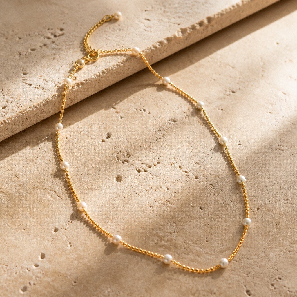 The Riviera Choker – Dainty Floating Pearl & Gold Station Chain