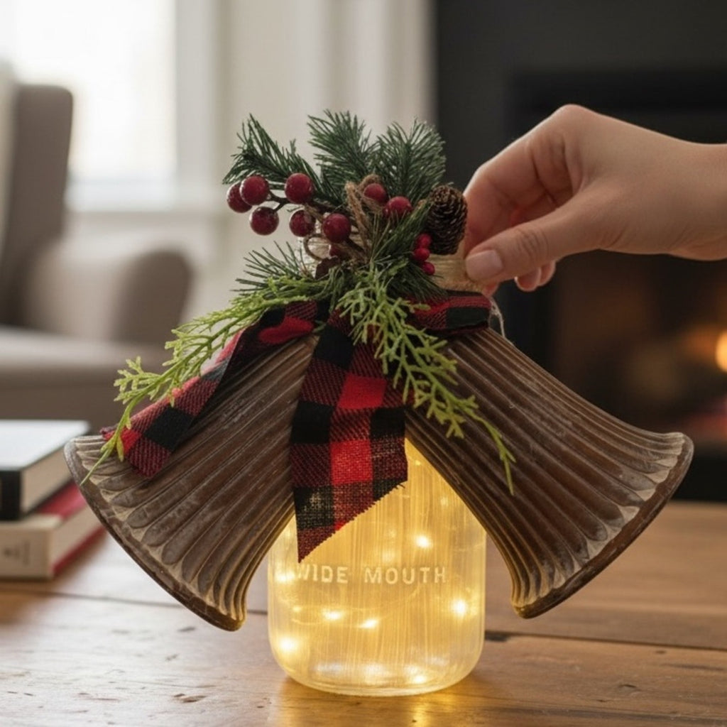 Led Lighted Wide Mouth Mason Jar Display with Rustic Bells