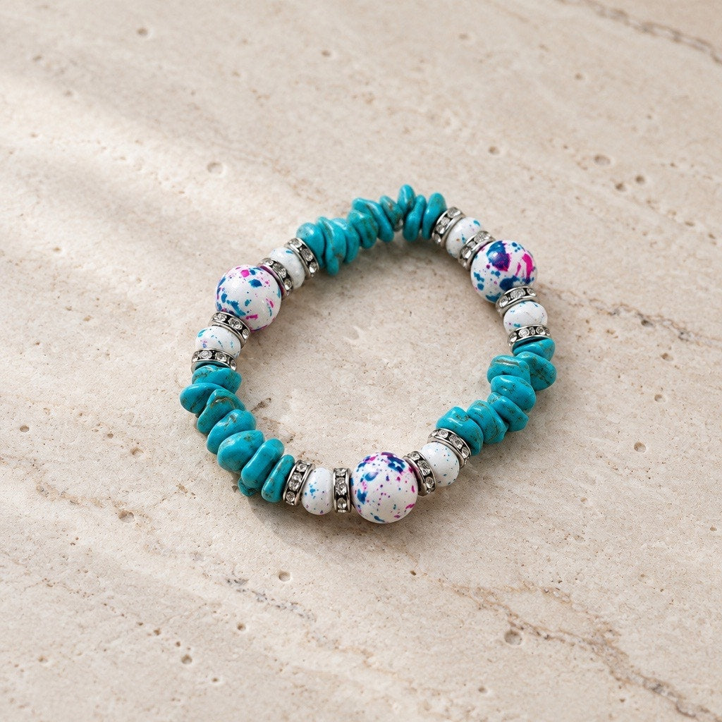 Boho Turquoise Chunk & Paint Splatter Howlite Mosaic Bracelet
