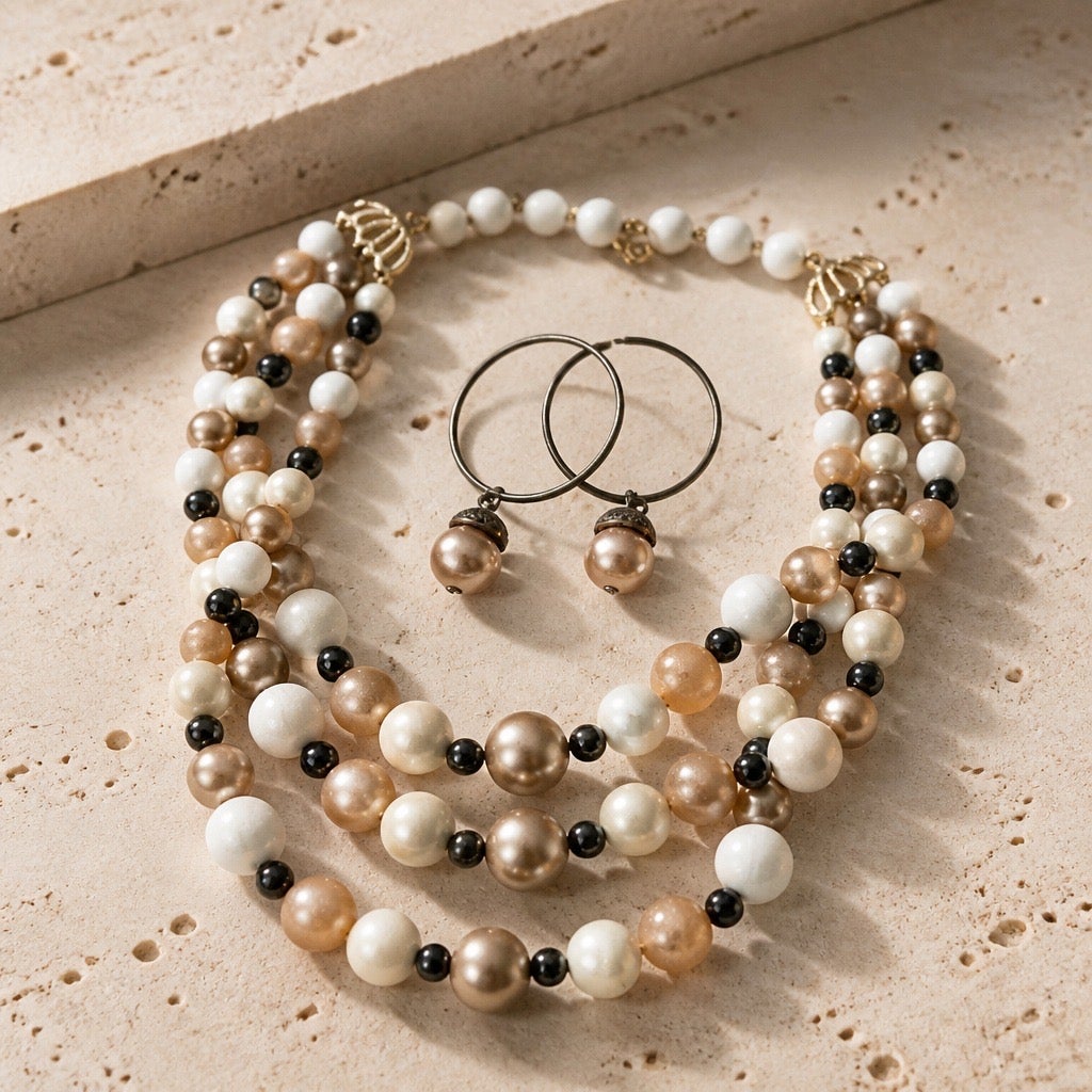 1960s Era: Classic Mid-Century Lisner Neutral Multi-Tone Graduated Bead Choker with Drop Hoops- 2 for 1