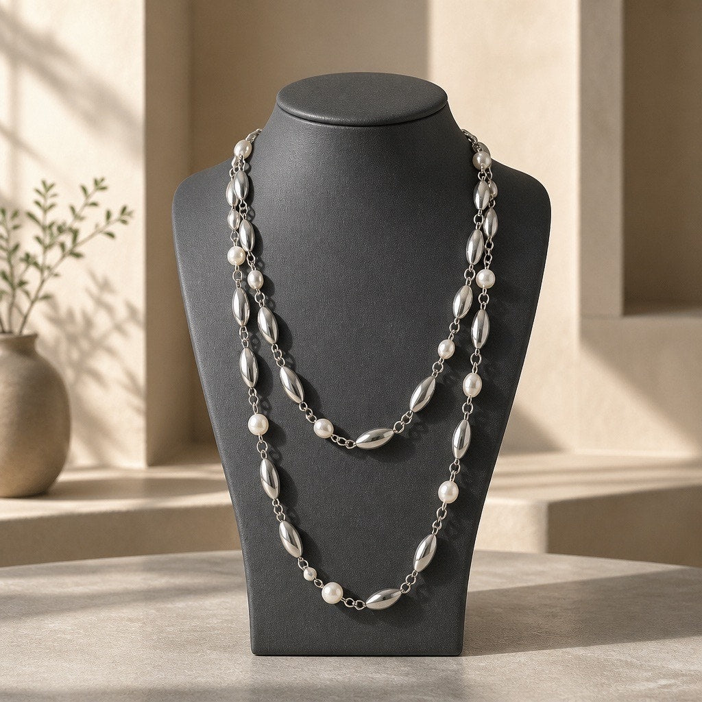 1980 s Vintage Silver Tone Elongated Torpedo Link & Pearl Station Layering Necklace