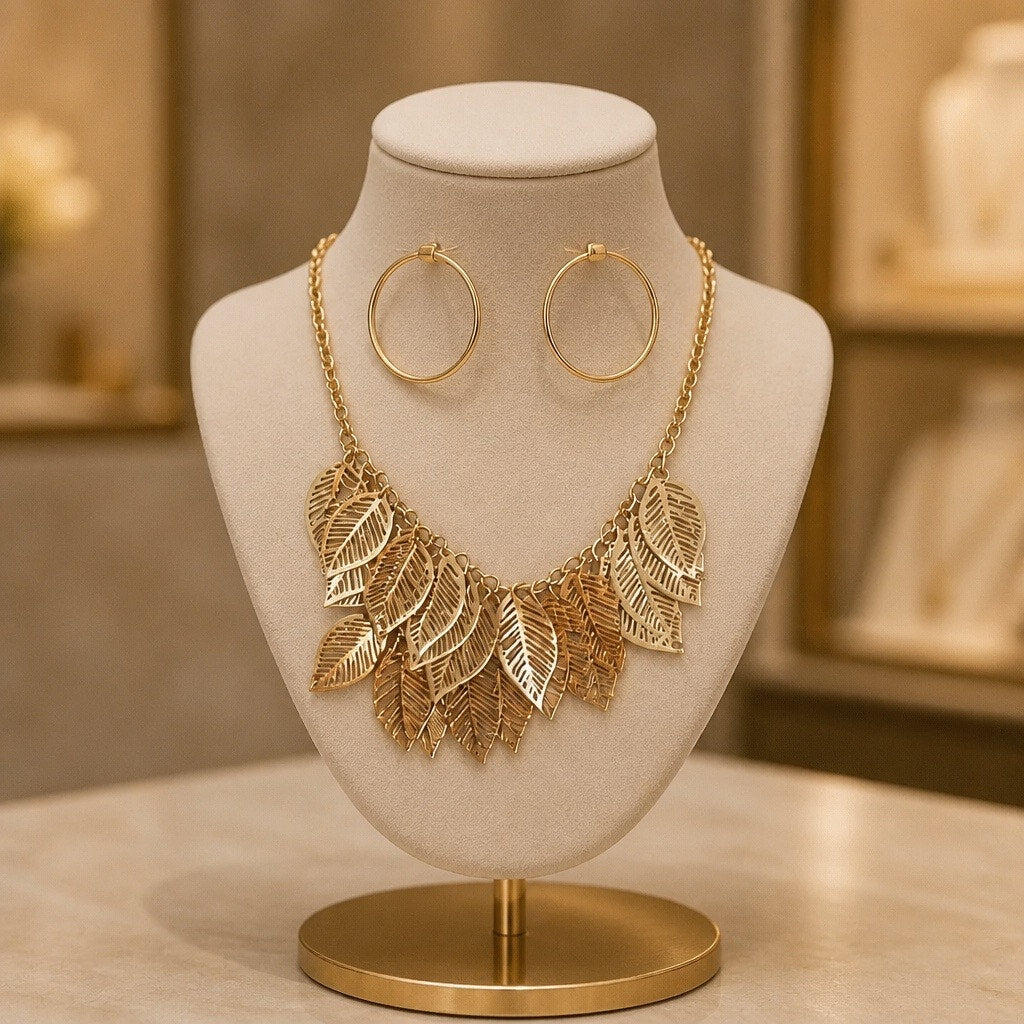 "Golden Laurel" Wardrobe: Matching Leaf Bib Necklace & 2x Earring Curated Set