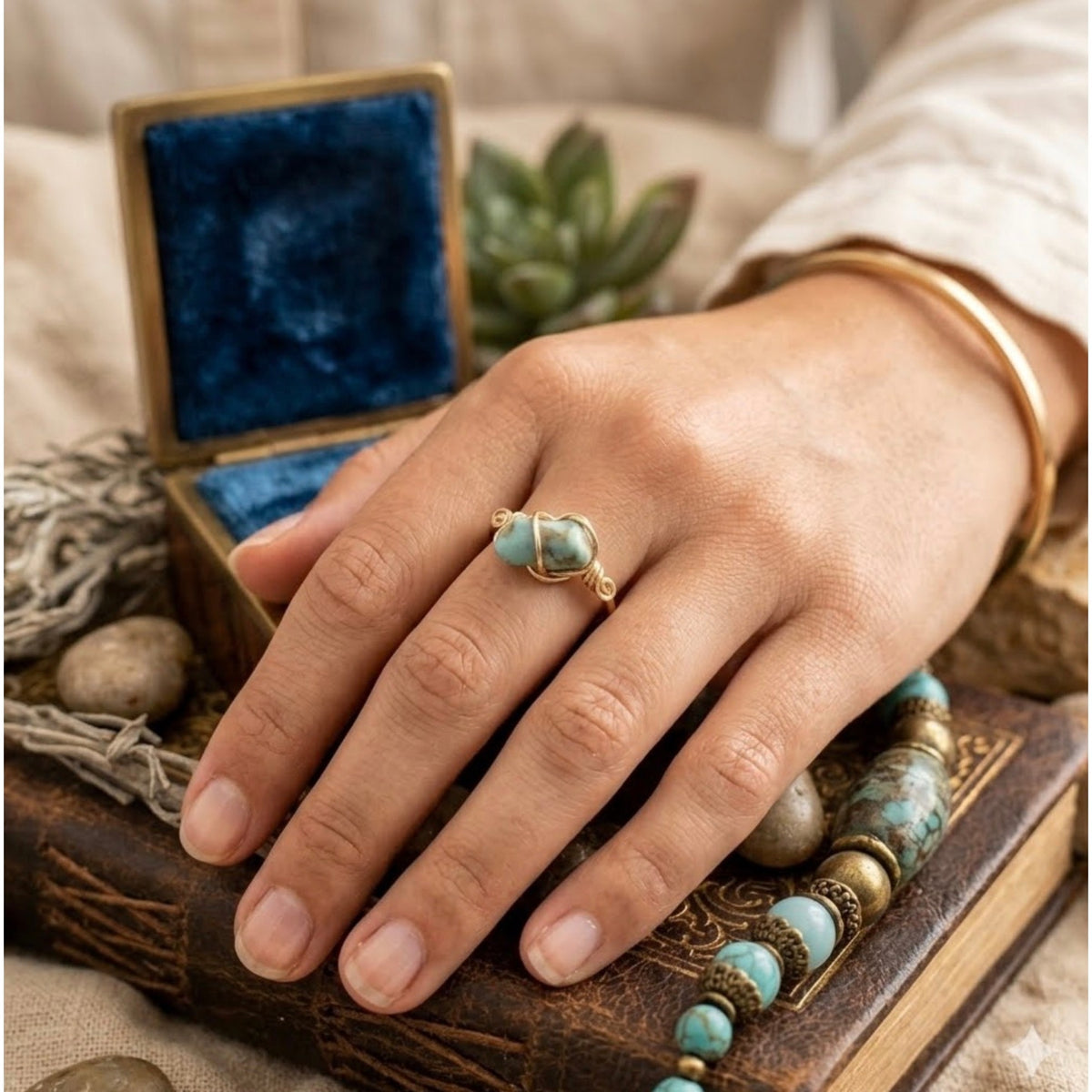 Raw Crystal Turquoise Ring for Women - Dainty Gold Wrapped