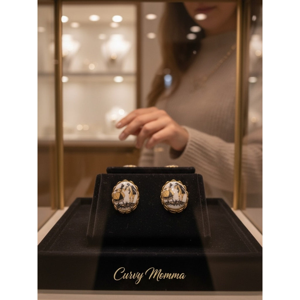 The Genevieve Stud — Vintage Rococo Courting Couple Porcelain Oval Earrings