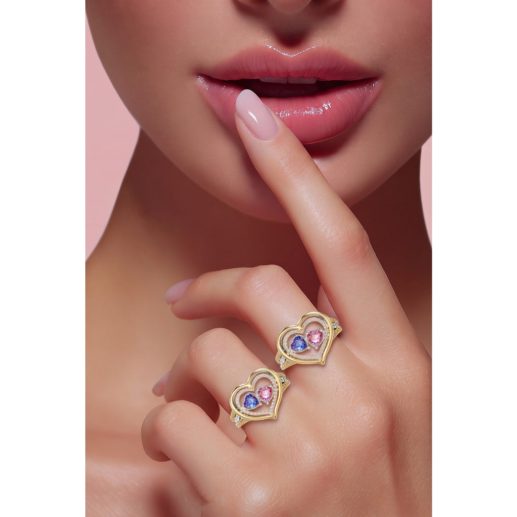 Custom Two-Stone Couples Heart Ring – Purple and Pink Crystal Statement Jewelry