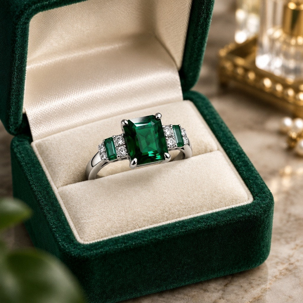 The Emerald Royalty Ring: Vintage Art Deco Faux Emerald Engagement Ring, Silver Size 9.5-10