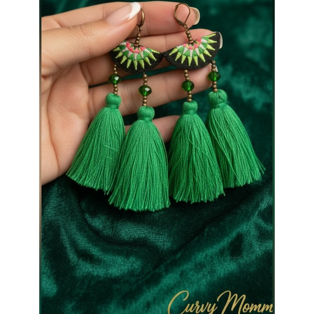 Handcrafted Vibrant Green Tassel Statement Earrings