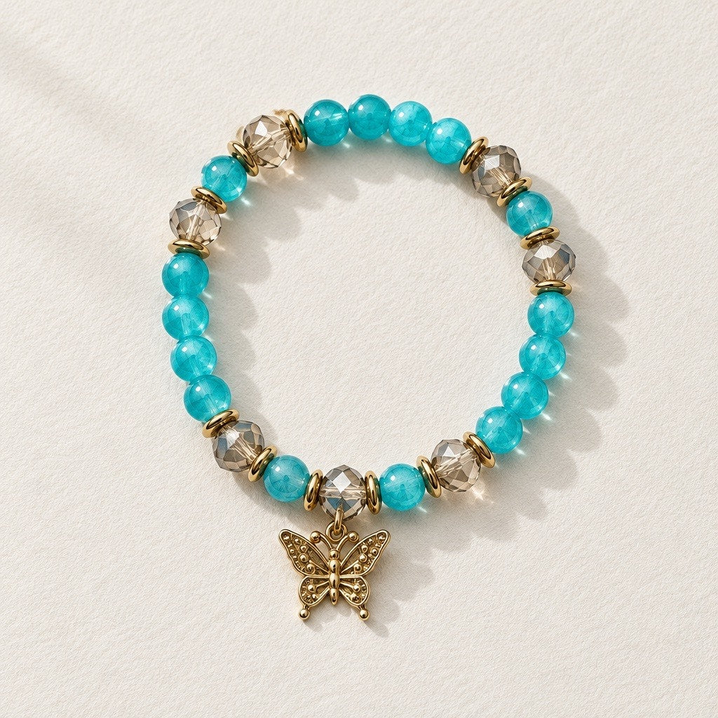 Aqua Marine Translucent Glass and Filigree Butterly