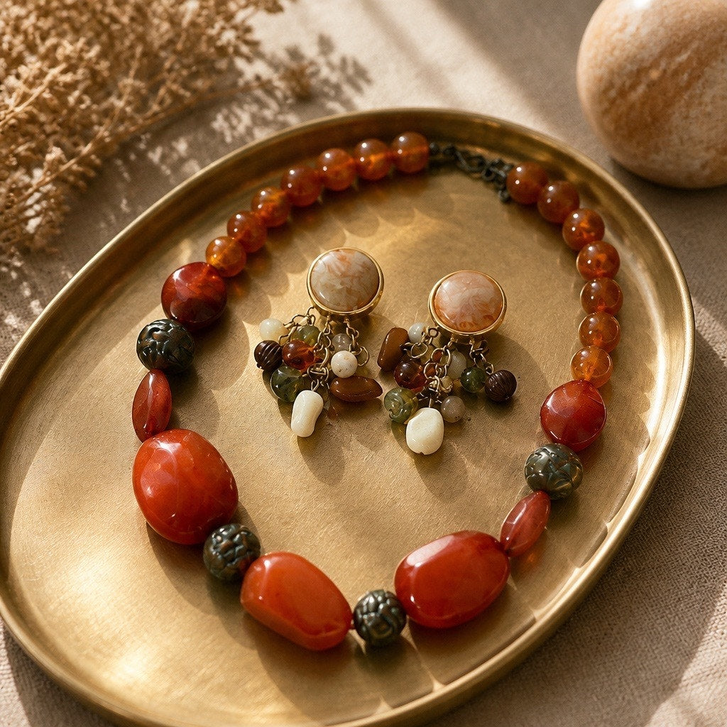 1970 s Vintage Chunky Carnelian Agate & Orange Resin Bead Statement Necklace Earring Sets  – 2 for 1