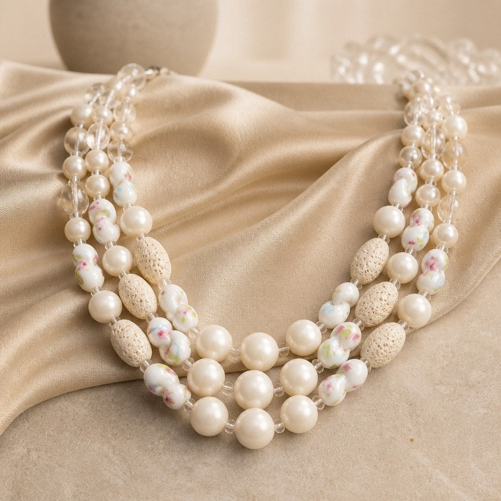 The Heirloom Garden Necklace – Triple-Strand Pearl & Floral Ceramic Statement