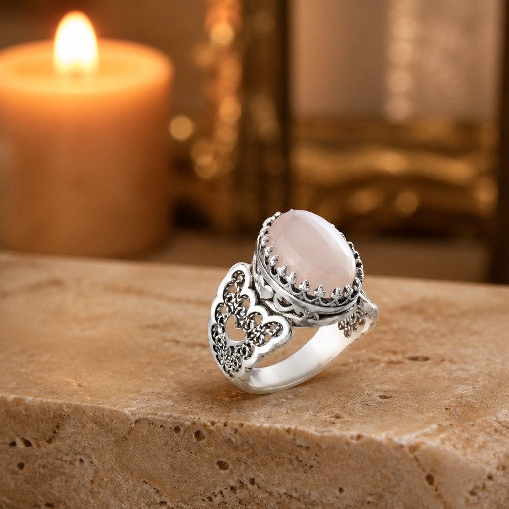 925 Silver Rose Quartz Ring- Handmade Filigree