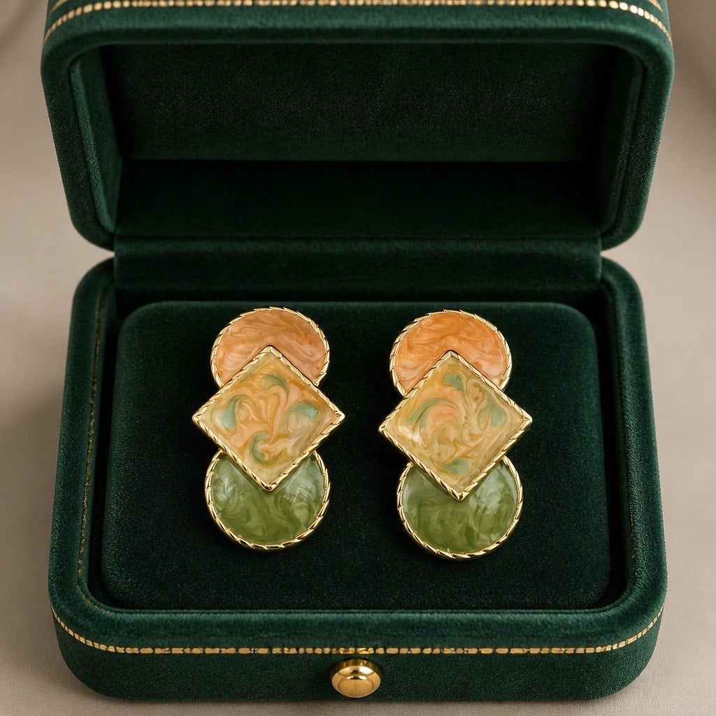 Vintage 80s Geometric Gold Peach & Olive Green Marbled Enamel Statement Earrings