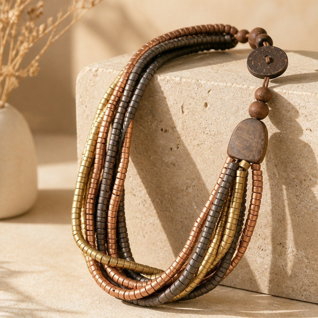 The Serengeti Multi-Strand Strand – Mixed Metallic Wooden Heishi Collar Vintage